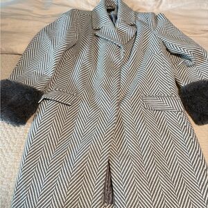 Lane Bryant Gray Herringbone Trench Coat with Faux Fur Cuffs